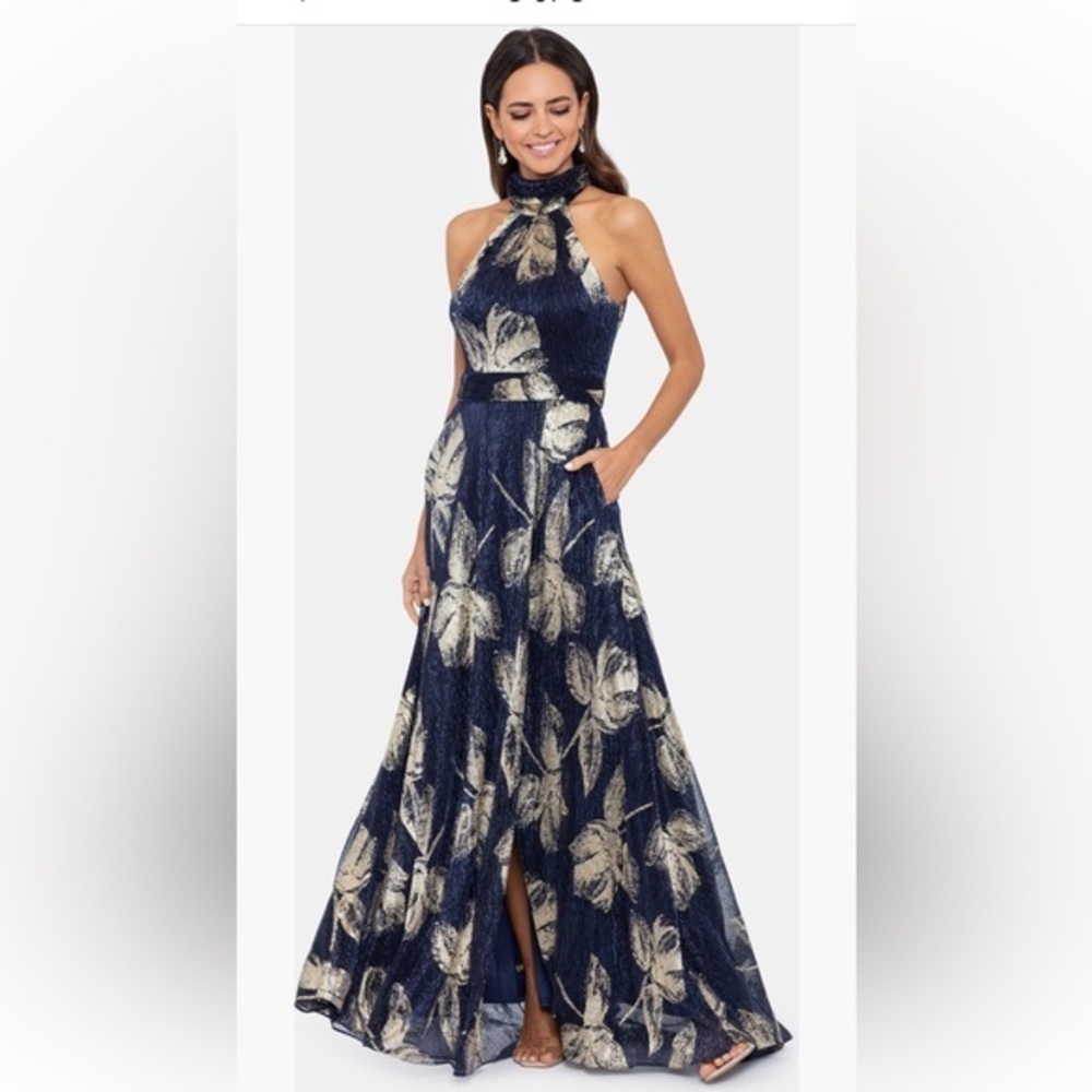 Betsy and Adam Formal Dress Navy and Gold Leaf